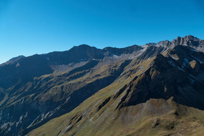 Scenic view of mountains against clear blue sky