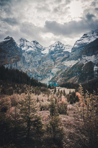 Scenic view of snowcapped mountains against sky