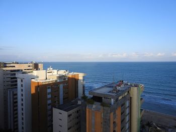 Panoramic view of sea against clear blue sky