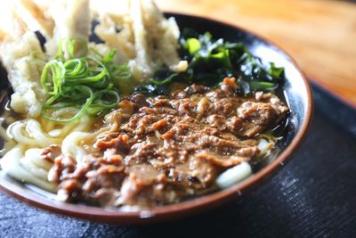 Close-up of noodles in plate on table