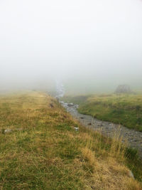 Scenic view of landscape against sky during foggy weather