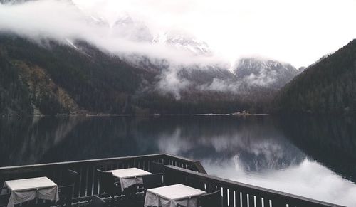 Scenic view of lake with mountains in background