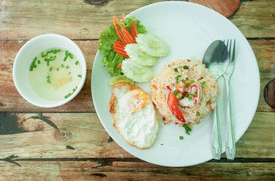 High angle view of food served on table