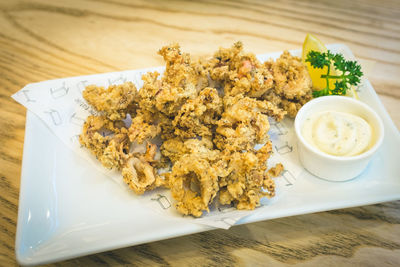 High angle view of food in plate on table