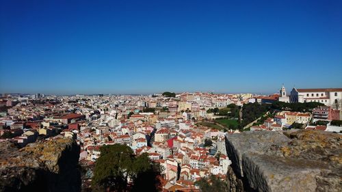 High angle view of townscape against clear blue sky