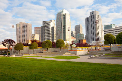 Yerba buena gardens and downtown city skyline of san francisco, california, united states