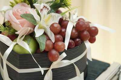 High angle view of fruits in plate on table