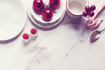 High angle view of dessert on table