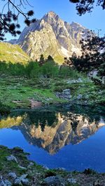 Scenic view of lake by mountains against sky