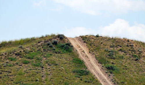 Dirt road amidst field against sky