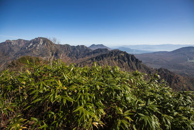 Scenic view of mountains against clear sky