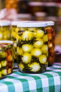 Close-up of drink in glass jar