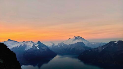 Scenic view of snowcapped mountains against sky during sunset