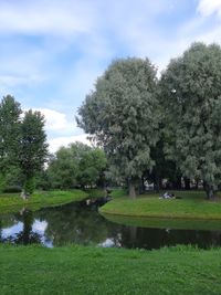 Scenic view of park by lake against sky