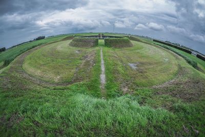 High angle view of winding road on field against sky