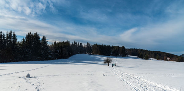 Snow covered landscape against sky