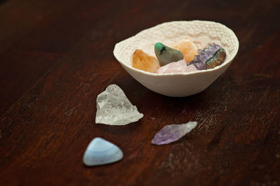 High angle view of ice cream in bowl on table