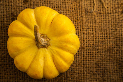 High angle view of pumpkin against yellow background