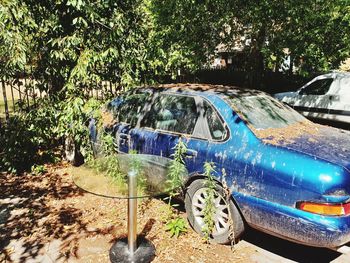 Abandoned car on road against trees