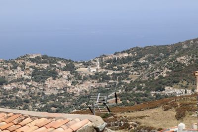 High angle shot of townscape against clear sky