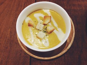 Close-up of soup in bowl on table