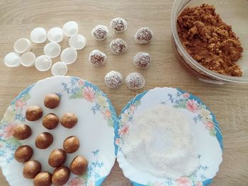 High angle view of cookies in plate on table