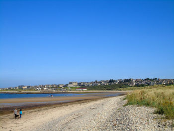 Scenic view of beach against clear blue sky