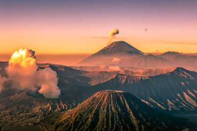 Aerial view of volcanic mountain during sunset