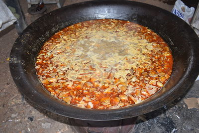 High angle view of pizza in cooking pan