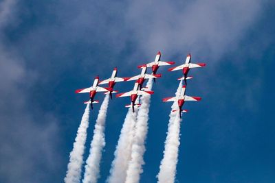 Low angle view of fighter planes flying against sky