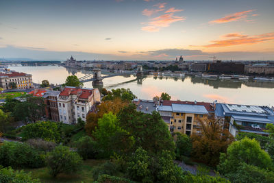 View of the chain bridge, parliament and st. stephen's basilica.