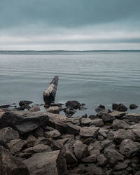 Rocks on shore by sea against sky