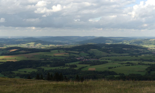 Scenic view of agricultural landscape against sky