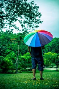 Full length rear view of woman standing on grass in park