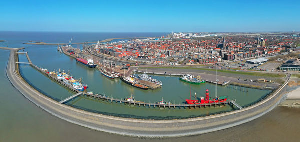 Aerial panorama from the city and harbor from harlingen in friesland the netherlands
