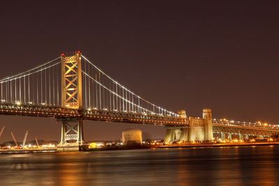 Illuminated suspension bridge over river against sky at night