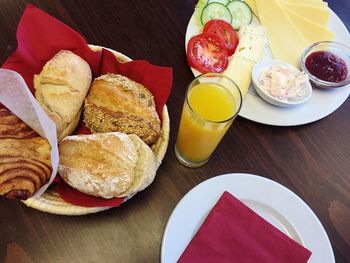 High angle view of breakfast served on table