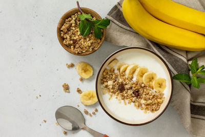 High angle view of breakfast served on table