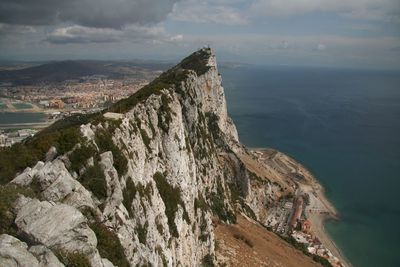 High angle view of rock of gibraltar against sky