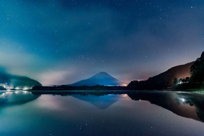 Reflection of clouds in lake at night