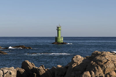 Lighthouse by sea against sky