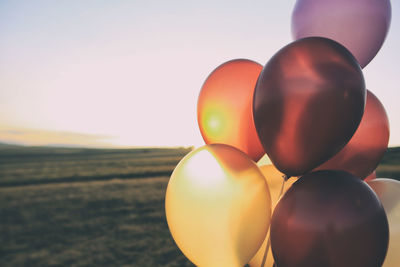 Close-up of multi colored balloons against sky during sunset