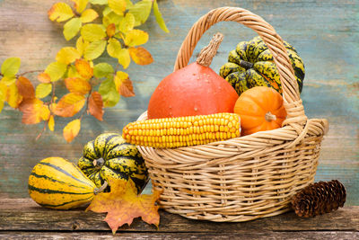 Close-up of yellow pumpkin in basket