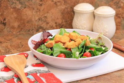 High angle view of meal served on table