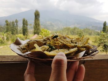 Close-up of hand holding food outdoors