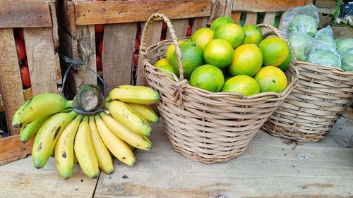 High angle view  banana, lime and guava  in basket  on wooden table