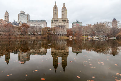Reflection of some buildings on the biggest lake at central park, nyc