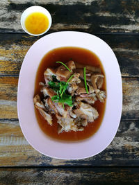 Directly above shot of soup in bowl on table