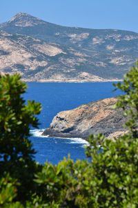 Scenic view of sea and mountains against sky