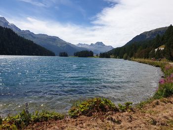 Scenic view of lake and mountains against sky